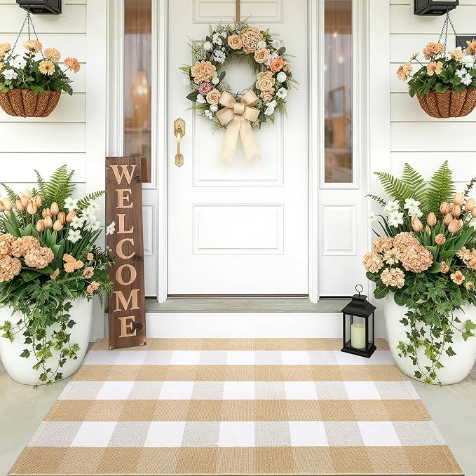 OLANLY Buffalo Plaid Rug 2' x 4'3" – Beige and White Cotton Checkered Doormat, Washable Indoor Outdoor Rug for Layered Front Porch, Kitchen, Entryway Decor