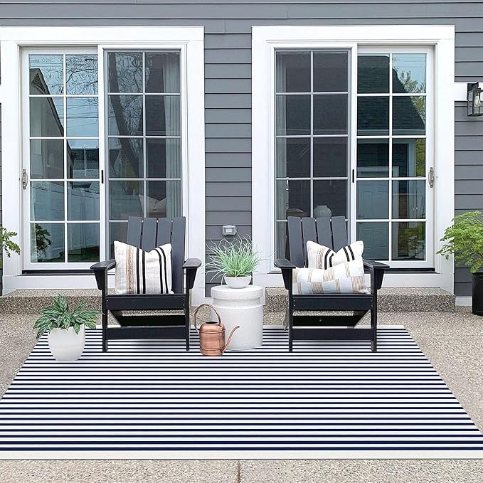 IOHOUZE Striped Area Rug 4'x6' Front Door Rugs Washable Area Rug for Double Front Porch, Large Patio Rug Outdoor Indoor, Doormat for Entryway Porch Entrance, Navy/White