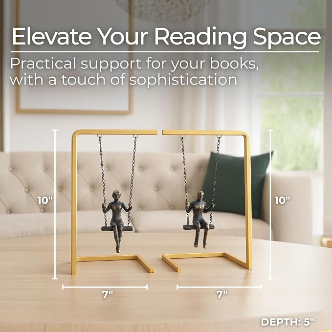Set of 2 Swinging People Decorative Bookends – Modern Shelf Decor Accents with Gold Metallic Frame – Stylish and Elegant Office & Home Decor Organizer – 10", Gold