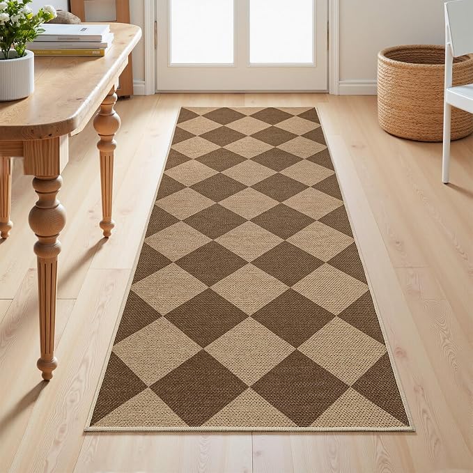 EDIMENS 2x6 Checkered Easy Jute Washable Kitchen Indoor Outdoor Runner Rug | Non Slip Front Door Runner Rug for Laundry Balcony Low Pile Rugs Brown Checkerboard Carpet for Hallway 6ft Entry