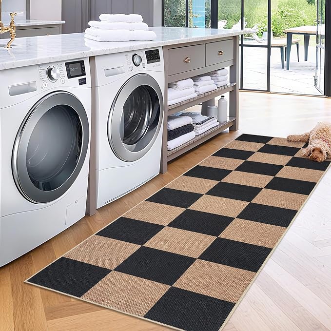 GarveeHome Checkered Easy Jute Runner Rug 2x6 Non-Slip Machine Washable Stain Resistant Indoor Outdoor Rugs for Living Room, Bedroom, Kitchen, Dining, Patio - Farmhouse Style Black Tan