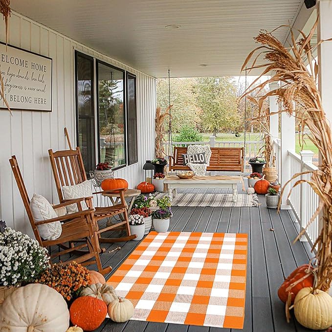 Bottalive Buffalo Plaid Outdoor Rugs, 3'x5' Orange and White Checkered Indoor/Outdoor Area Rug, Layering Rug for Hello/Welcome Door Mat, Washable Cotton Woven Farmhouse Mat for Fall Front Porch Décor