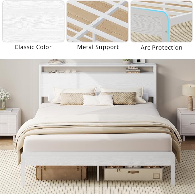 LIKIMIO Full Size Bed Frame with 2-Tier Storage Shelf Headboard | Wood Platform Bed, Camas Full with Strong Metal Supports, Sturdy, Noise-Free, No Box Spring Needed, White