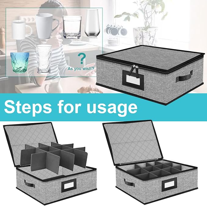 2PACK Quilted Mug Cup Storage Box,China Storage Containers | Cup Storage Containers Hard Shell with Lid for Moving Transport,Kichen Dinnerware Storage