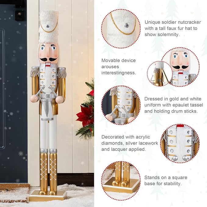 Glitzhome Nutcracker Christmas Decorations 35.75 Inch Wooden Nutcracker Soldier with Drum Sticks for Xmas Holiday Decor Porch Gateway