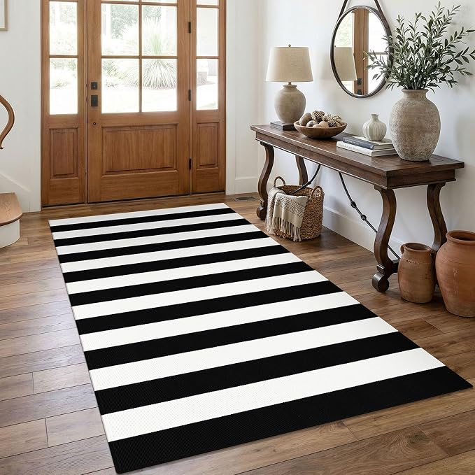 KOZYFLY Black and White Striped Area Rug 4x6 Ft Outdoor Rug Washable Indoor Outdoor Rug Hand Woven Cotton Door Mat Outdoor Entrance Mat for Front Door Kitchen Entryway Patio Front Porch Decor