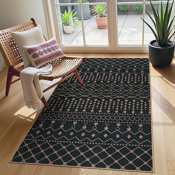 Lahome Moroccan Easy Jute 3x5 Outdoro Rug, Black and White Entryway Rug | Modern Geometric Non Slip Washable Indoor Outdoor Carpet for Porch Kitchen Patio