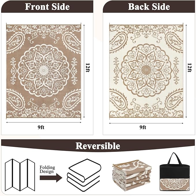 Pauwer Outdoor Rug 9x12, Waterproof Plastic Straw Camping Rug, Boho Brown | Reversible Patio Rug, UV Resistant Indoor Outdoor RV Mat Carpet For Deck, Camper, Porch, Balcony, Backyard, Picnic, Foldable
