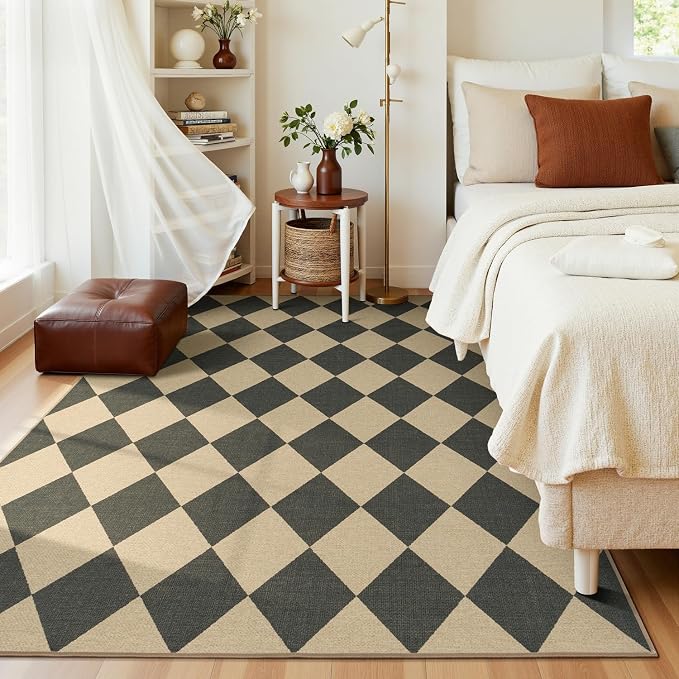 Lessymo Checkered Easy Jute 5x7 Rugs, Washable Patio Rug for Living Room | Farmhouse Indoor Outdoor Carpet, Non Slip for Bedroom Backyard Dining Room, Stain Resistant, Geometric Diamond Black/Beige