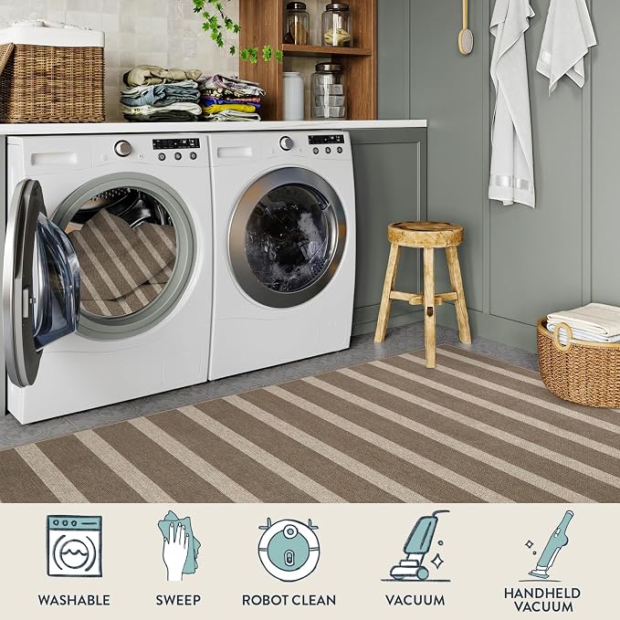 Lahome Striped Easy Jute Living Room Rug, 8x10 Outdoor Patio Rugs Washable | Patio Area Rug, Modern Farmhouse Large Non Slip Lightweight Carpet for Bedroom Backyard Office Dining Room Mudroom, Khaki