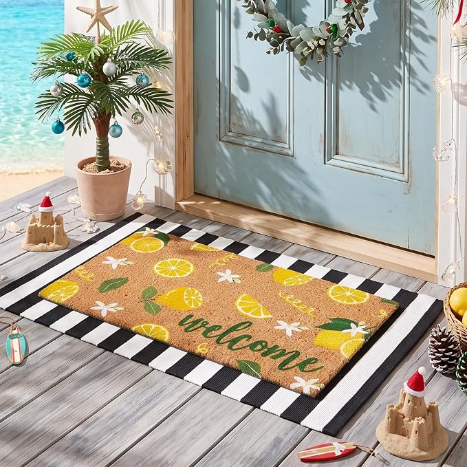 Moucuny 2 Pcs Lemon Coir Doormat Outdoor Summer Lemon Welcome Mats for Front Door 24'' x 35'' Black and White Striped Outdoor Rug 16'' x 28'' Layering Non Slip Summer Welcome Mat for Porch Front Decor