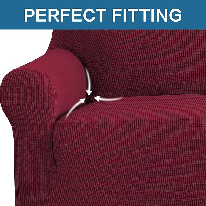 H.VERSAILTEX Stretch Couch Covers for Sofa 1 Piece Slipcovers for Couches 3 Seater Couch Cover Feature Thick Checked Jacquard Fabric with Elastic Bottom(Large Sofa 90"-100" Wide, Burgundy Red)