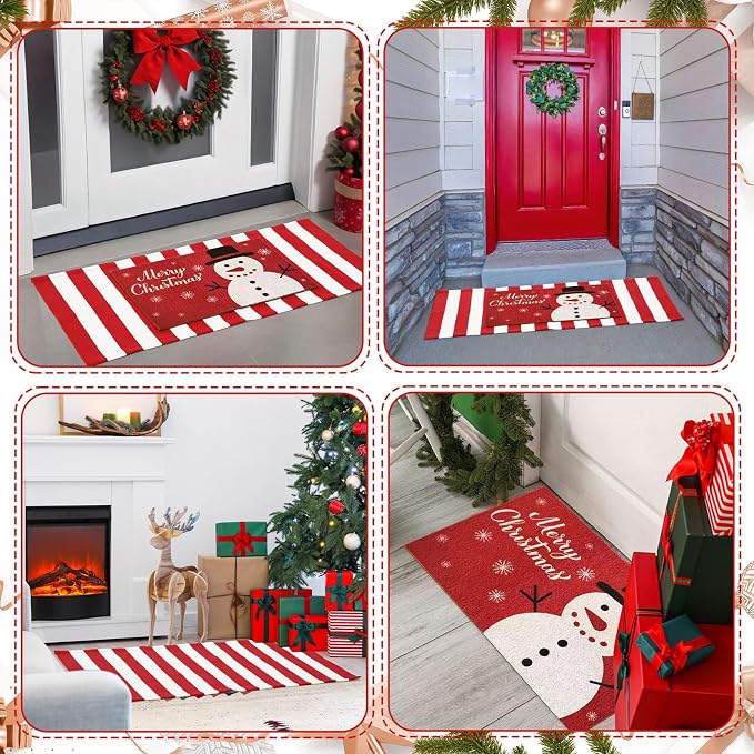 2 Pcs Outdoor Door Mat Combo Set Layered Outdoor Rug and Coir Welcome Doormat Non Slip Outside Floor Mat for Front Porch Entryway Patio Yard Decor(Snowman,24'' X 51',18'' X 28'')