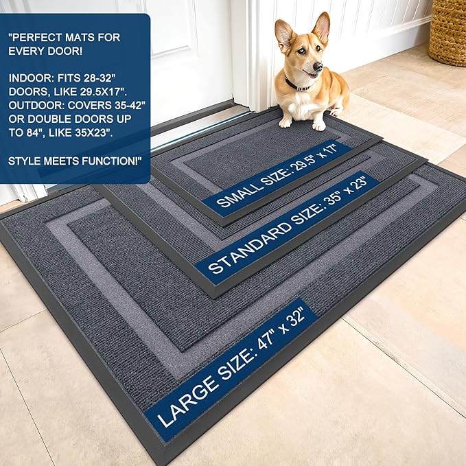 OLANLY Front Door Mat Indoor Outdoor Entrance, Waterproof All-Season, All-Weather Doormat, Sturdy Natural Rubber, Fade Resistant, Low Profile, Easy Clean Patio Porch Entryway Mat, 33x21, Light Grey