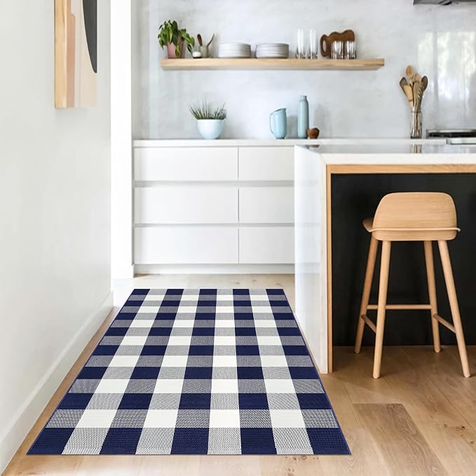 Buffalo Plaid Rug 3x5 Cotton Woven Buffalo Check Rug Navy and White Checkered Outdoor Rug Washable Indoor Outdoor Area Rug Layered Front Door Mats Carpet for Farmhouse Entryway Living Room Bedroom