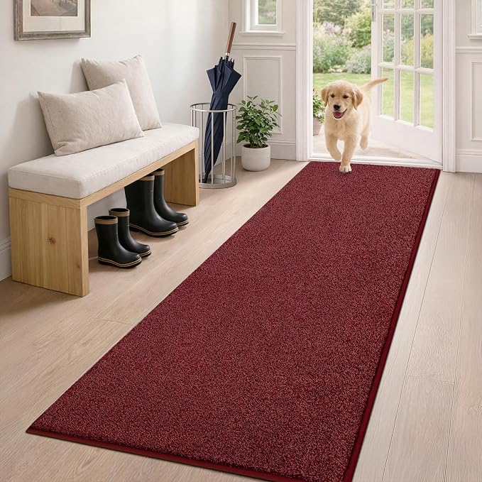 PURRUGS Dirt Trapping Door Mat 24" x 59", Non-Slip Machine Washable Entryway Rug, Dog Doormat, Indoor Front Door Mat, Super Absorbent Entry Rug for Muddy Shoes & Paws, Burgundy Red