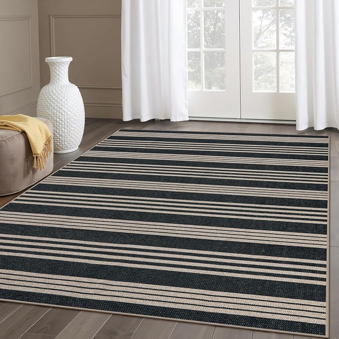 Lahome Striped Easy Jute Outdoor Patio Rug, 5x7 Area Rugs Washable Black | Living Room Indoor Mat, Modern Farmhouse Non Slip Non Shedding Stain Resistance Carpet for Dining Room Balcony Backyard Deck