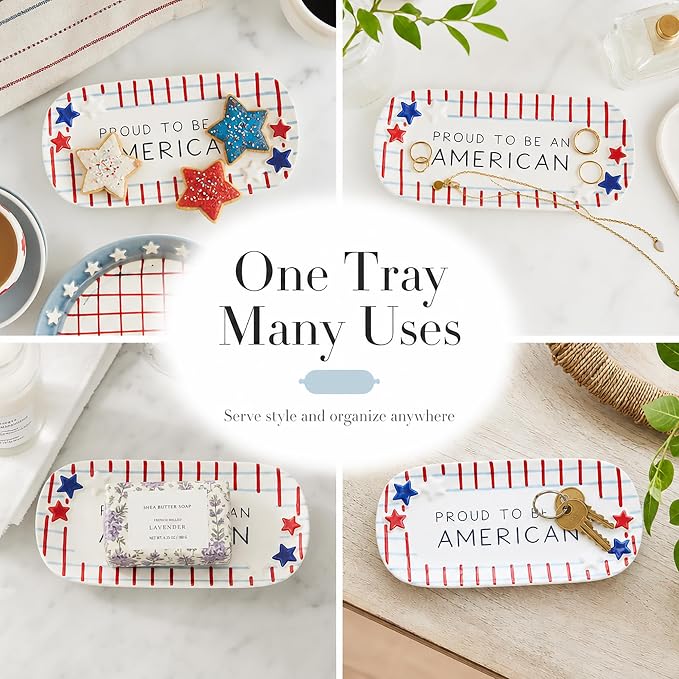 Mud Pie Blue Ceramic Plaid American Sentiment Tray