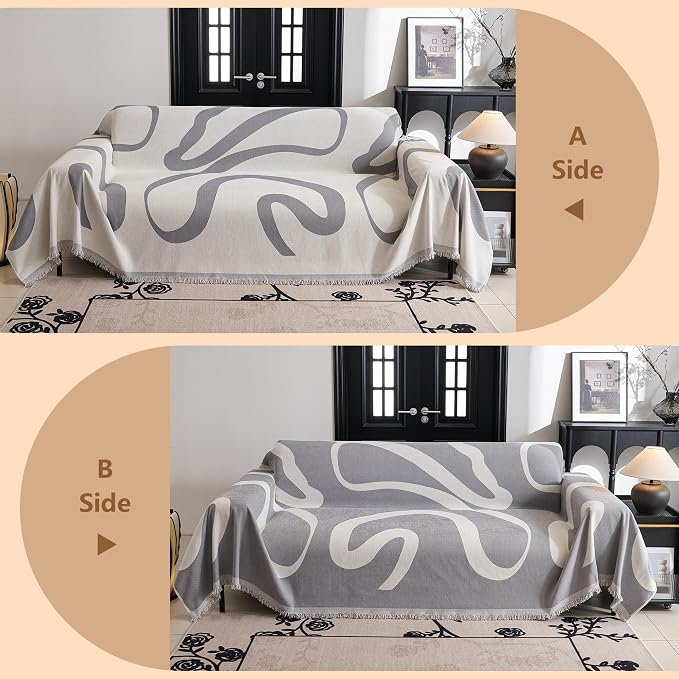 MYSKY HOME Couch Cover for 3 Cushion Sofa, Super Soft Boho Couch Covers for Dogs Washable, Jacquard Slipcover Furniture Protector for Living Room, 91" x 118", Grey Curve