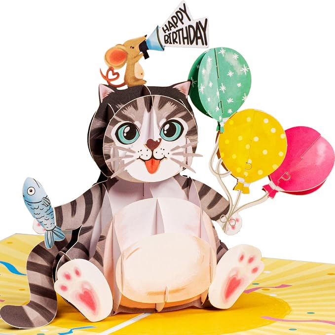 Paper Love Birthday Pop Up Cards 2 Pack - Includes 1 Happy Birthday Cat and 1 Happy Birthday, For Adults or Kids -5" x 7" Cover - Includes Envelope and Note Tag