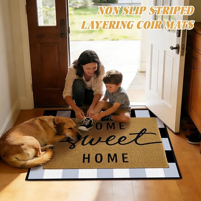 Home Sweet Home Welcome Doormat Set, 2 Pack Layering Entry Rugs with Coir Loop Printed Mat and Buffalo Plaid Crystal Velvet Under Rug Home Sweet Front Door Doormat for Farmhouse Entryway Decor
