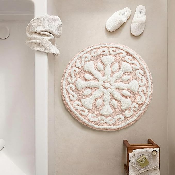 Madison Park Casablanca Tufted Cotton Bath Rug Non-Slip, Round 25", Pink | Luxurious Plush Bath Mat, Quick Dry, Soft, Machine Washable, Floral Pattern, Absorbent, Plush, OEKO-TEX, for Bathroom