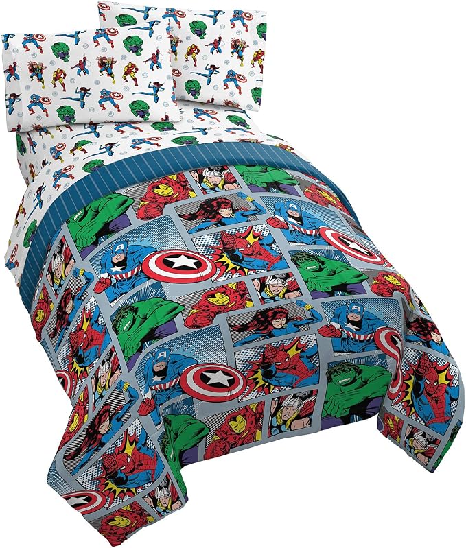 Marvel Comics Iron Man Full Size Comforter Set 5 Piece Kids Bedding, Multi | Hulk Captain America, Bed in a Bag, Comforter Sheets Pillowcases, Soft Microfiber, Machine Washable, Boys Gift