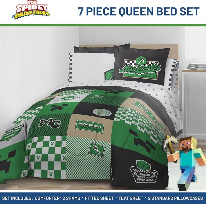 Minecraft Creeper Queen Comforter Set 7 Piece Kids Bedding for Boys, Multi | Zombie Enderman, Comforter Sheets Shams Pillowcases, Official Product, Soft Microfiber, Machine Washable, Boys Gift