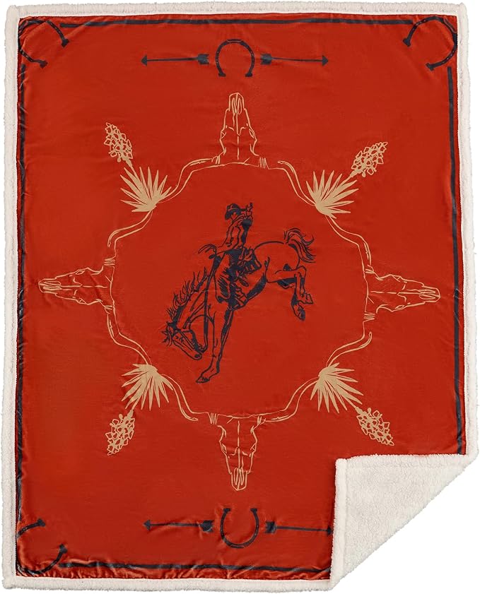 Indigo Hill by HiEnd Accents Marfa Sherpa Throw Blankets, Cowboy Arrow Horsehoe Scull Print Orange Western Blanket for Camping, Rustic Southwest Southwestern Rodeo Sherpa Fleece Blanket, 54x68 inch