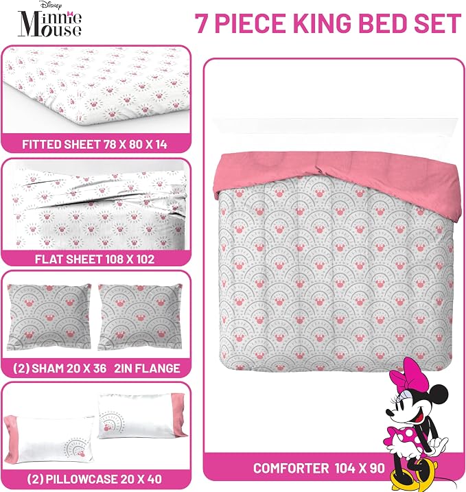 Disney Minnie Mouse King Comforter Set 7 Piece Bedding for Girls, Grey | Bed in a Bag, Comforter Sheets Shams Pillowcases, Official Product, Soft Microfiber, Machine Washable, Girls Gift