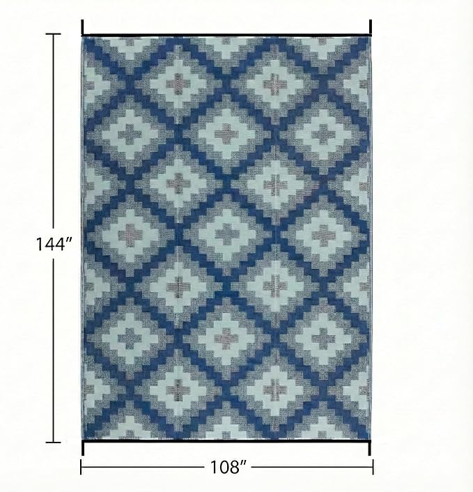FH Home Outdoor Camping Rug - Waterproof, Fade Resistant, Reversible - Premium Recycled Plastic - Geometric - Large Patio, Deck, Sunroom, RV - Aztec Kilim - Blue Multi - 9 x 12 ft Foldable