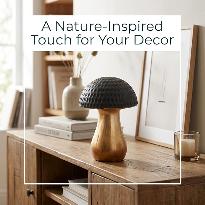 Ceramic Figurine Statue – Sculptural Room Decor Accent, for Shelf, Desk, or Console Placement, Black and Gold Mushroom–Inspired Modern Home Decor Art Design – 7", Black & Gold Finish