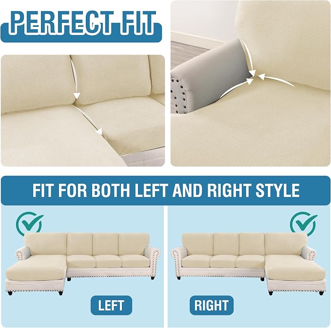 H.VERSAILTEX Sectional Couch Covers 8 Pieces Stretch Sofa Covers for Sectional Sofa Set Separate L Shaped Couch Cover for Both Left/Right Couch (Seat and Back: 1 Chaise + 3 Sofa, Natural)