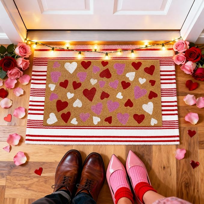 Moucuny 2 Pcs Valentine's Day Coir Welcome Doormat Outdoor Valentine's Day Rug Layered Red and White Stripe Mat Red Heart Mat for Front Porch Outdoor Entryway