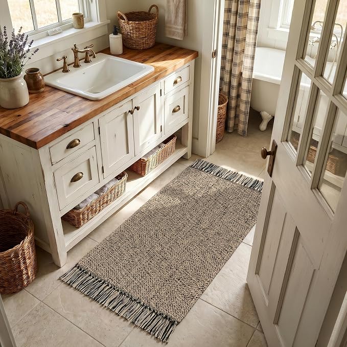 Collive 2' x 4.3' Indoor Outdoor Rug, Modern Farmhouse Kitchen Runner Rugs Hand-Woven Bathroom Rugs, Boho Washable Entry Carpet Natural/Black Reversible Front Door Mats for Laundry Porch Decor