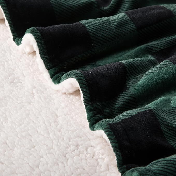 Elegant Comfort Luxury Ultra-Plush Velvet Touch Buffalo Plaid Fleece Throw - Soft, Warm, Cozy Micromink Sherpa-Backing Reversible Blanket for Bed, Sofa and Couch, Buffalo Green