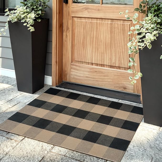 OJIA Buffalo Plaid Rug 24"x36" Fall Front Door Mat Outdoor Rug Welcome Mats | Black Tan Washable Outdoor Porch Rug Welcome Mat Indoor Outdoor Doormat Outside Door Mats for Entrance Entry Farmhouse Decor
