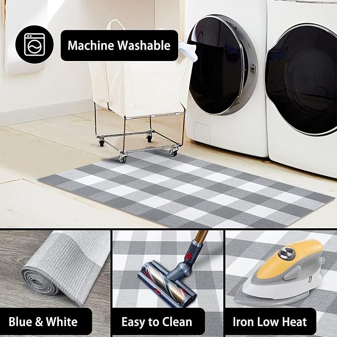 KOZYFLY Buffalo Plaid Rug 2x8 Ft Gray and White Runners for Hallways Washable Checkered Rug Cotton Kitchen Runner Carpet Runner Rugs for Entryway Bedroom Living Room