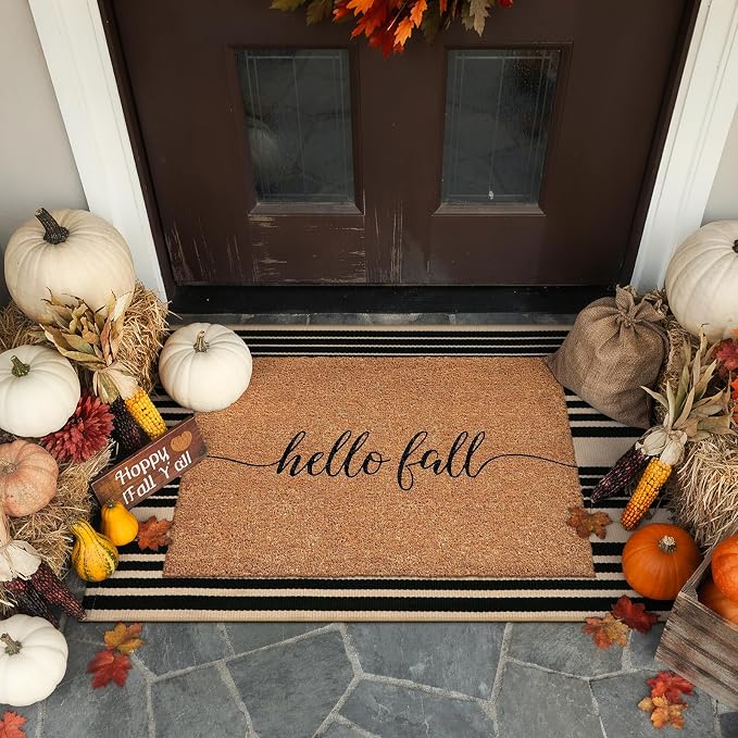 KIMODE Front Door Mats 24"x35", Striped Layered Door Mats Outdoor, Washable Farmhouse Outdoor Porch Fall Decor, Cotton Hand Woven Rugs for Entryway Kitchen Black and Khaki