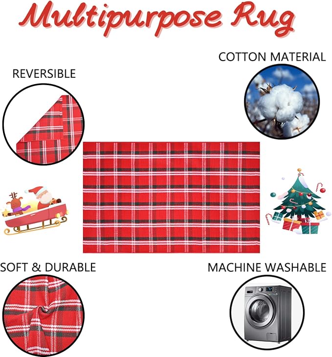 Christmas Red Green White Plaid Rug, 3' x 5' Cotton Hand-Woven Buffalo Check Layered Door Mat for Front Porch, Entryway, Outdoor Holiday Decor, Washable Farmhouse Rug for Home, Patio, Kitchen