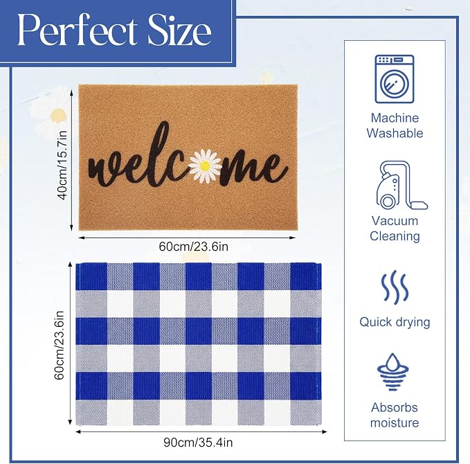 2 Pcs Outdoor Door Mat Combo Set Layered Outdoor Rug and Coir Welcome Doormat Non Slip Outside Floor Mat for Front Porch Entryway Patio Yard Decor(Blue Daisy,24'' X 35'',24'' X 16'')