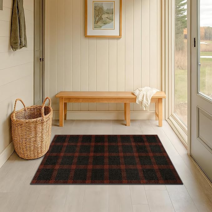 2x4 Entryway Door Mat Indoor – Washable Non Slip Small Rug for Front Door, Kitchen Sink, Mudroom, Garage Entry, Low Profile Easy Clean Farmhouse Plaid Floor Mat