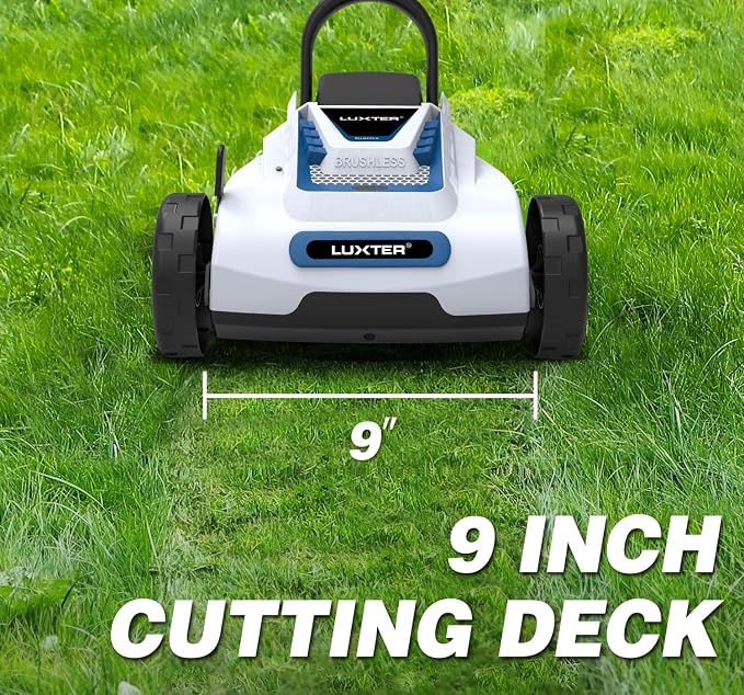 LUXTER 9 Inch Cordless Lawn Mower 6000RPM Brushless Motor 3 Adjustable Cutting Heights (1.5"-2.3") Electric Grass Trimmer 20V 4.0Ah Battery & Charger Mini Lawn Mower for Garden Yard Work and Lawn Care