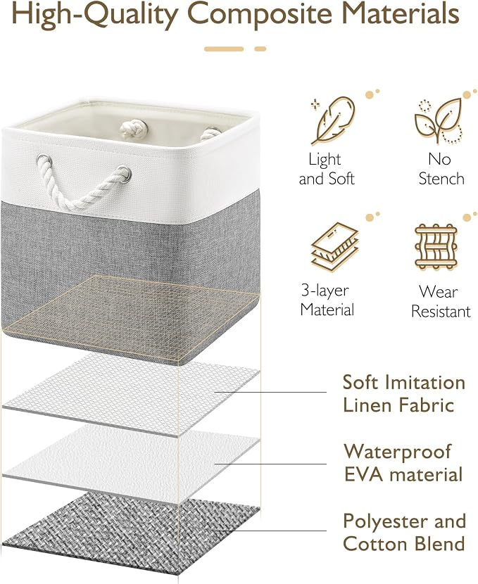 Patvingot 11-Inch Fabric Cube Storage Bins with Handles,4 Pack,Foldable | For cube shelves and closets,keeps grouped for everyday access,reinforced opening and fold-flat storage,white and gray