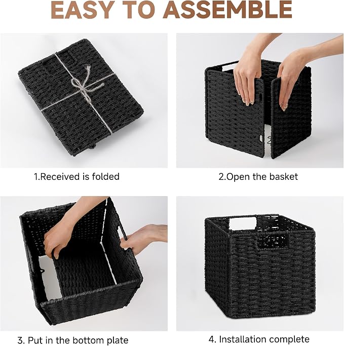 StorageWorks 9 inch Cube Storage Bins,Wicker Storage Cubes,Black Basket | 2-Pack,Handwoven Wicker Basket for Storage,Foldable Paper Rope Baskets for Organizing,Black Storage Bins,Cube Storage Bins