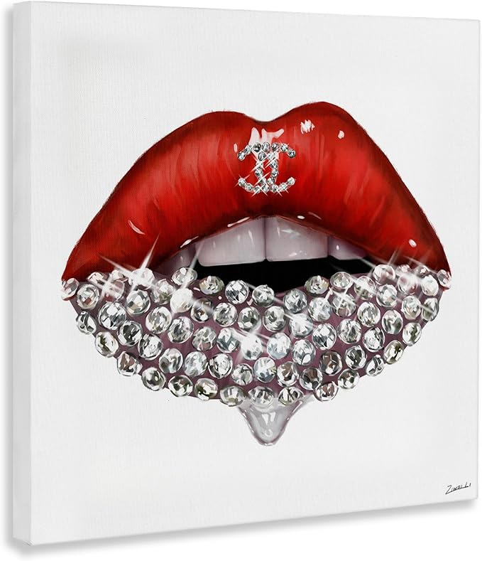 Stupell Industries Chic Red Lip Portrait Women's Fashion Stone Details Wall Art, 24x24, White