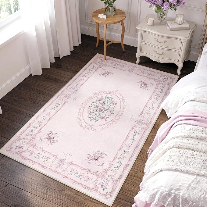 Tribesigns Floral Bow 3x5 Pink Rug for Girls Bedroom, Soft Rose Medallion Washable Nursery Living Room Area Rug, Non-Slip Low Pile Boho Floral Carpet for Dorm Kids Playroom, Pink/3x5
