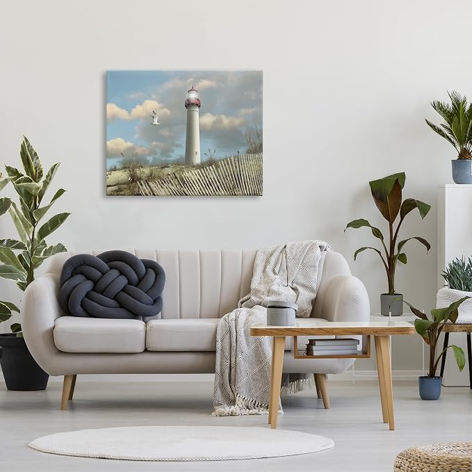 Stupell Industries 'Cape May Sand Dune Fence Lighthouse Beach Scene with Seagull', Canvas Art, 40 x 30 Inches, Easy to Hang and Sturdy, Made in USA, by Alan Giana & Company