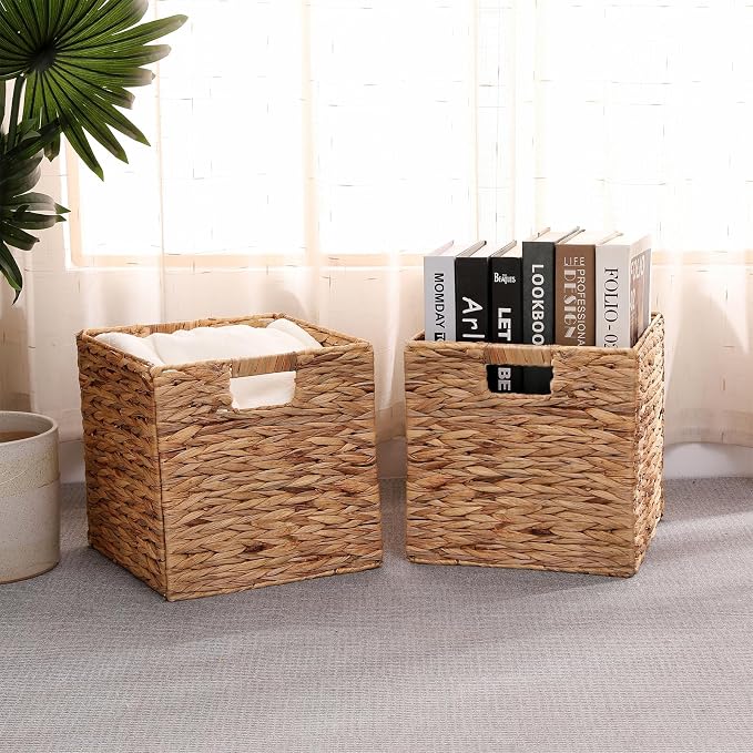 11x11in Collapsible Wicker Storage Basket with Handles 2 Pack | Handwoven Storage Bins for Organizing Storage Basket for Home, Organizer, decor
