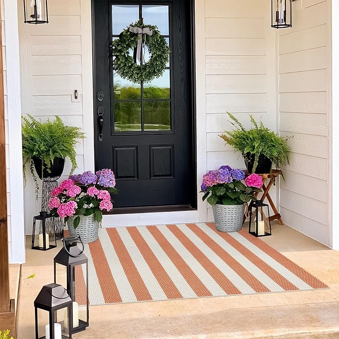 OJIA Outdoor Mat Orange Outdoor Rug 3'x5' Fall Welcome Mats for Front Door | Door Mat Outside Entrance Front Door Rug Washable Entryway Rugs Striped Indoor Outdoor Rugs Doormat for Patio Porch Decor